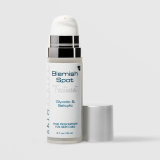 Skin Script Blemish Spot Treatment with Glycolic and Salicylic Acids – white airless pump bottle with silver cap removed showing pump head, 0.5 fl oz / 15ml