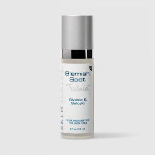 Skin Script Blemish Spot Treatment with Glycolic and Salicylic Acids – white airless pump bottle with silver cap, 0.5 fl oz / 15ml