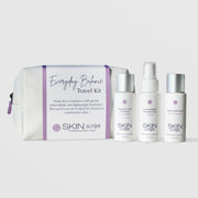 Skin Script Everyday Balance Travel Kit with white cosmetic bag and three travel-size products: Green Tea Citrus Cleanser, Cucumber Hydration Toner, and Ageless Skin Moisturizer for normal to combination skin