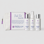 Fresh Face Travel kit with bag and products on a grey background