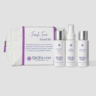 Fresh Face Travel kit with bag and products on a grey background