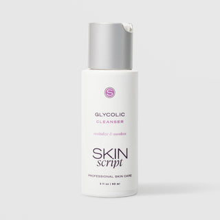 Skin Script Glycolic Cleanser AHA exfoliating facial cleanser – white bottle with silver flip-top cap, 2 fl oz / 60ml