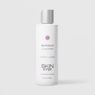 Skin Script Glycolic Cleanser AHA exfoliating facial cleanser – white bottle with silver flip-top cap, 6.4 fl oz / 190ml
