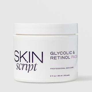Skin Script Glycolic and Retinol Pads exfoliating treatment pads – white jar with white lid, 50 pads / 2 fl oz / 60ml