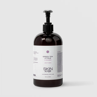 Skin Script Green Tea Citrus Cleanser calm and restore antioxidant facial cleanser – dark amber bottle with black pump dispenser, 16 fl oz / 480ml