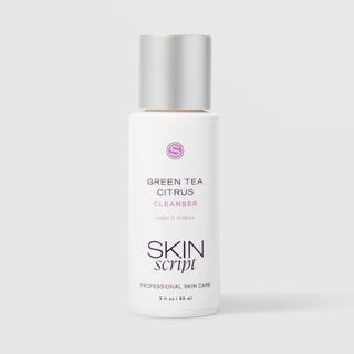Skin Script Green Tea Citrus Cleanser calm and restore antioxidant facial cleanser – white bottle with silver flip-top cap, 2 fl oz / 60ml