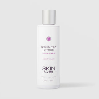 Skin Script Green Tea Citrus Cleanser calm and restore antioxidant facial cleanser – white bottle with silver flip-top cap, 6.4 fl oz / 190ml