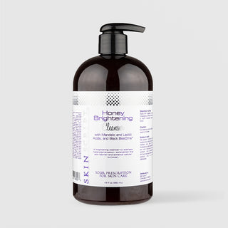 Skin Script Honey Brightening Cleanser with Mandelic and Lactic Acids – dark amber bottle with black pump dispenser, 16 fl oz / 480ml