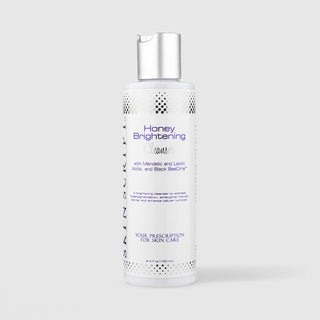 Skin Script Honey Brightening Cleanser with Mandelic and Lactic Acids – white bottle with silver flip-top cap, 6.4 fl oz / 190ml