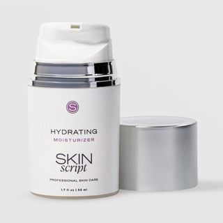 Skin Script Hydrating Moisturizer – white airless pump bottle with silver cap removed showing pump head, 1.7 fl oz / 50ml