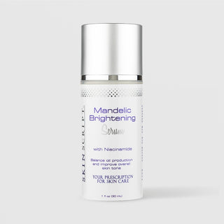 Skin Script Mandelic Brightening Serum with Niacinamide – white airless pump bottle with silver cap, 1 fl oz / 30ml