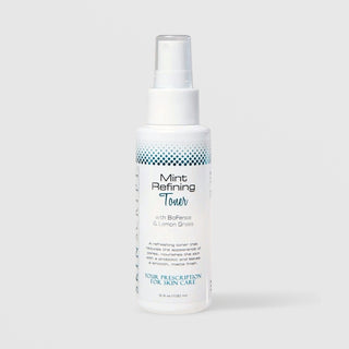 Skin Script Mint Refining Toner with BioFense and Lemon Grass pore-refining facial toner – white spray bottle with teal dot pattern, 3.3 fl oz / 100ml