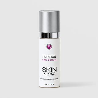Skin Script Peptide Eye Serum anti-aging firming eye serum – white airless pump bottle with silver cap, 0.5 fl oz / 15ml