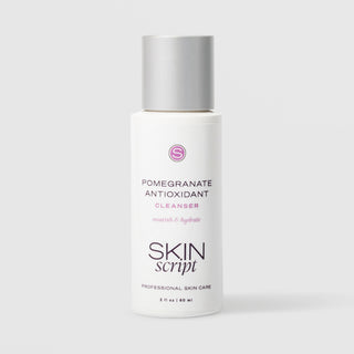 Skin Script Pomegranate Antioxidant Cleanser nourish and hydrate facial cleanser – white bottle with silver flip-top cap, 2 fl oz / 60ml