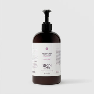 Skin Script Raspberry Refining Cleanser refine and clarify facial cleanser – dark amber bottle with black pump dispenser, 16 fl oz / 480ml