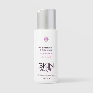 Skin Script Raspberry Refining Cleanser refine and clarify facial cleanser – white bottle with silver flip-top cap, 2 fl oz / 60ml