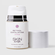 Skin Script Retinol Exfoliating Scrub anti-aging facial scrub – white airless pump bottle with silver cap removed showing pump head, 1.7 fl oz / 50ml