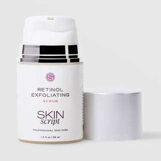 Skin Script Retinol Exfoliating Scrub anti-aging facial scrub – white airless pump bottle with silver cap removed showing pump head, 1.7 fl oz / 50ml