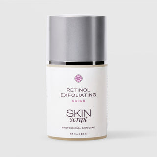 Skin Script Retinol Exfoliating Scrub anti-aging facial scrub – white airless pump bottle with silver cap, 1.7 fl oz / 50ml
