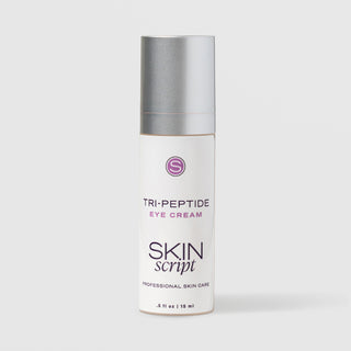 Skin Script Tri-Peptide Eye Cream anti-aging peptide eye treatment – white airless pump bottle with silver cap, 0.5 fl oz / 15ml
