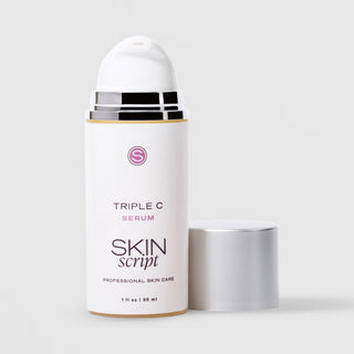 Skin Script Triple C Serum Vitamin C brightening facial serum – white airless pump bottle with gold accent band and silver cap removed showing pump head, 1 fl oz / 30ml