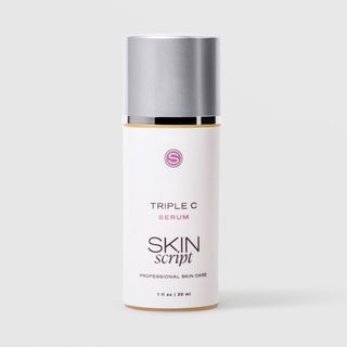 Skin Script Triple C Serum Vitamin C brightening facial serum – white airless pump bottle with gold accent band and silver cap, 1 fl oz / 30ml