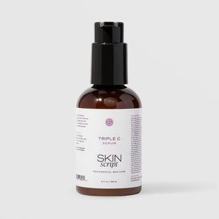Skin Script Triple C Serum Vitamin C brightening facial serum – dark amber bottle with black pump dispenser, 4 fl oz / 120ml