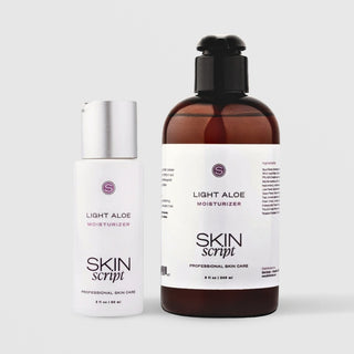 Skin Script Light Aloe Moisturizer lightweight aloe moisturizer – white bottle with silver cap alongside dark amber bottle with black pump, showing both sizes