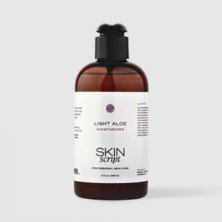 Skin Script Light Aloe Moisturizer lightweight aloe moisturizer – dark amber bottle with black pump dispenser, 8 fl oz / 240ml