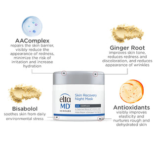 EltaMD Skin Recovery Night Mask key ingredients: AAComplex, ginger root, bisabolol, and antioxidants