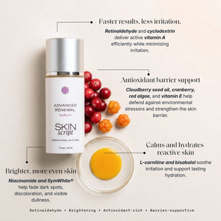 
Skin Script Advanced Renewal Serum with cranberries and serum swatch – retinaldehyde serum for brightening and reactive skin