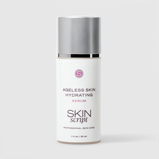 Skin Script Ageless Skin Hydrating Serum – white airless pump bottle with silver cap, 1 fl oz / 30ml