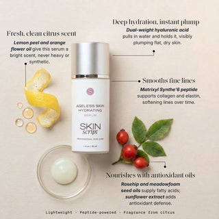 Skin Script Ageless Skin Hydrating Serum bottle with lemon and rosehip berries – hyaluronic acid peptide serum for dry skin