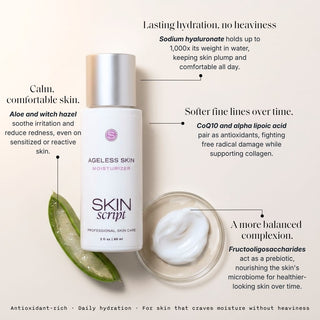 Skin Script Ageless Skin Moisturizer bottle with aloe leaf and cream swatch – CoQ10 moisturizer for fine lines sensitive skin