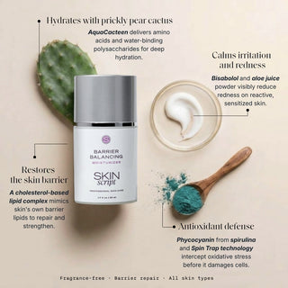 Skin Script Barrier Balancing Moisturizer jar with cactus and spirulina powder – barrier repair moisturizer for reactive skin