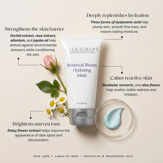 Skin Script Botanical Bloom Hydrating Mask tube with rose daisy and gel swatch – hydrating mask for sensitive dehydrated skin