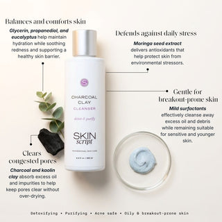 Skin Script Charcoal Clay Cleanser bottle with charcoal and clay swatch – detoxifying cleanser for oily breakout-prone skin