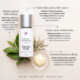 Skin Script Citrus-C Nourishing Cream bottle with green tea leaves and cream swatch – vitamin C cream for dark spots