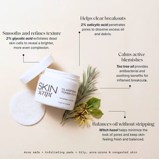 Skin Script Clarifying Toner Pads open jar with cotton pad – salicylic acid exfoliating pads for acne-prone congested skin