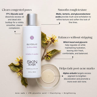 Skin Script Glycolic Cleanser bottle with witch hazel flowers – 17% glycolic acid cleanser for congested acne-prone skin