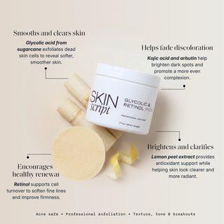Skin Script Glycolic Retinol Pads jar with sugarcane and lemon peel – exfoliating pads for texture tone and breakouts