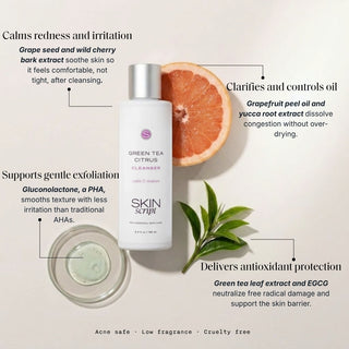 Skin Script Green Tea Citrus Cleanser bottle with grapefruit and tea leaves – PHA cleanser for sensitive and acne-prone skin