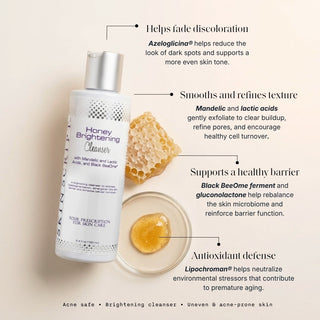 Skin Script Honey Brightening Cleanser bottle with honeycomb and honey gel swatch – brightening cleanser for acne-prone skin