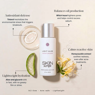 Skin Script Light Aloe Moisturizer bottle with aloe and honeysuckle – oil-free lightweight moisturizer for acne-prone skin