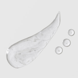 Skin Script Light Aloe Moisturizer texture swatch showing ultra-lightweight clear aloe gel formula with water droplets on grey background.