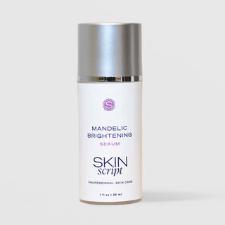 Skin Script Professional Skin Care Mandelic Brightening Serum 1 oz pump bottle with silver cap on grey background.