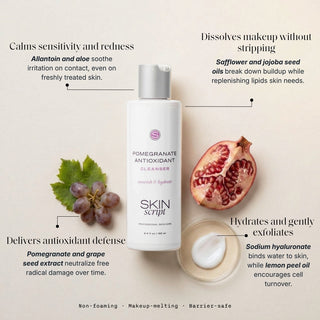 Skin Script Pomegranate Antioxidant Cleanser bottle with pomegranate and grapes – antioxidant cleanser for sensitive skin
