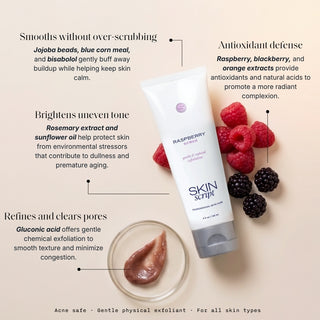 Skin Script Raspberry Refining Scrub tube with raspberries and blackberries – gentle exfoliating scrub for all skin types
