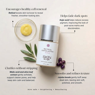 Skin Script Retinol Exfoliating Scrub jar with olive branch and scrub swatch – retinol resurfacing scrub for dark spots