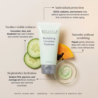 Skin Script Revitalizing Cucumber Treatment tube with cucumber papaya and gel swatch – gentle enzyme mask for sensitive skin